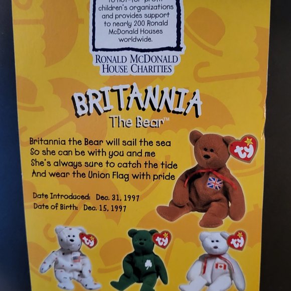 BRITANNIA THE BEAR MCDONALD'S TY INTRODUCED 12/31/97 DATE OF BIRTH 12/15/97 - Picture 5 of 5